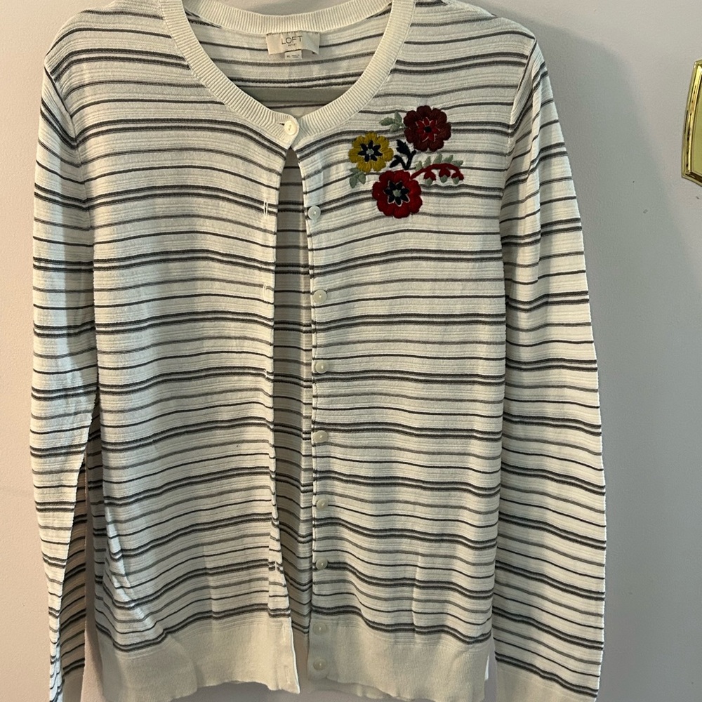 Loft Striped Cardigan with Floral Embroidery